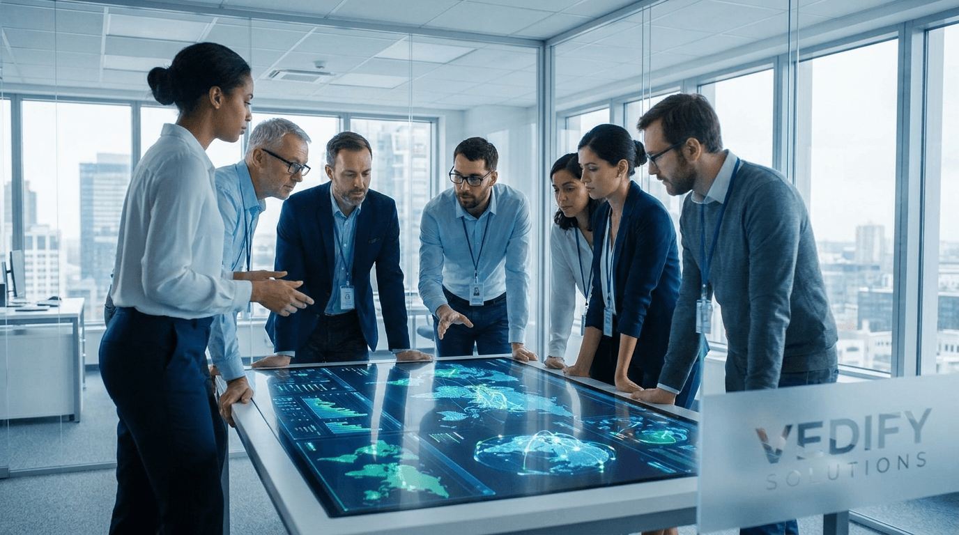 Veldex Solutions team collaborating around a strategy table